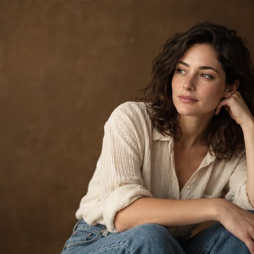 Studio portrait, seated, looking away