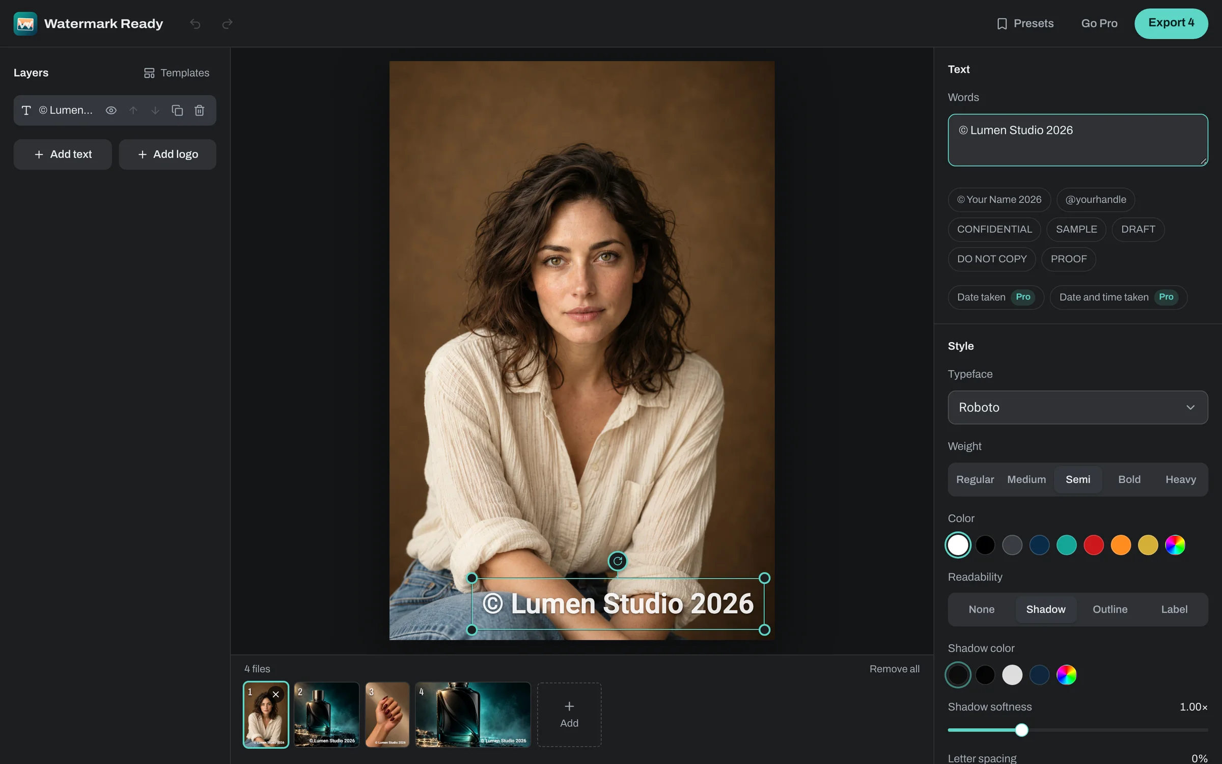 Watermark Readyのエディター。隅に著作権表示が入ったポートレートが中央にあり、左にレイヤー、右にスタイル設定、下に一括処理の一覧が表示されています
