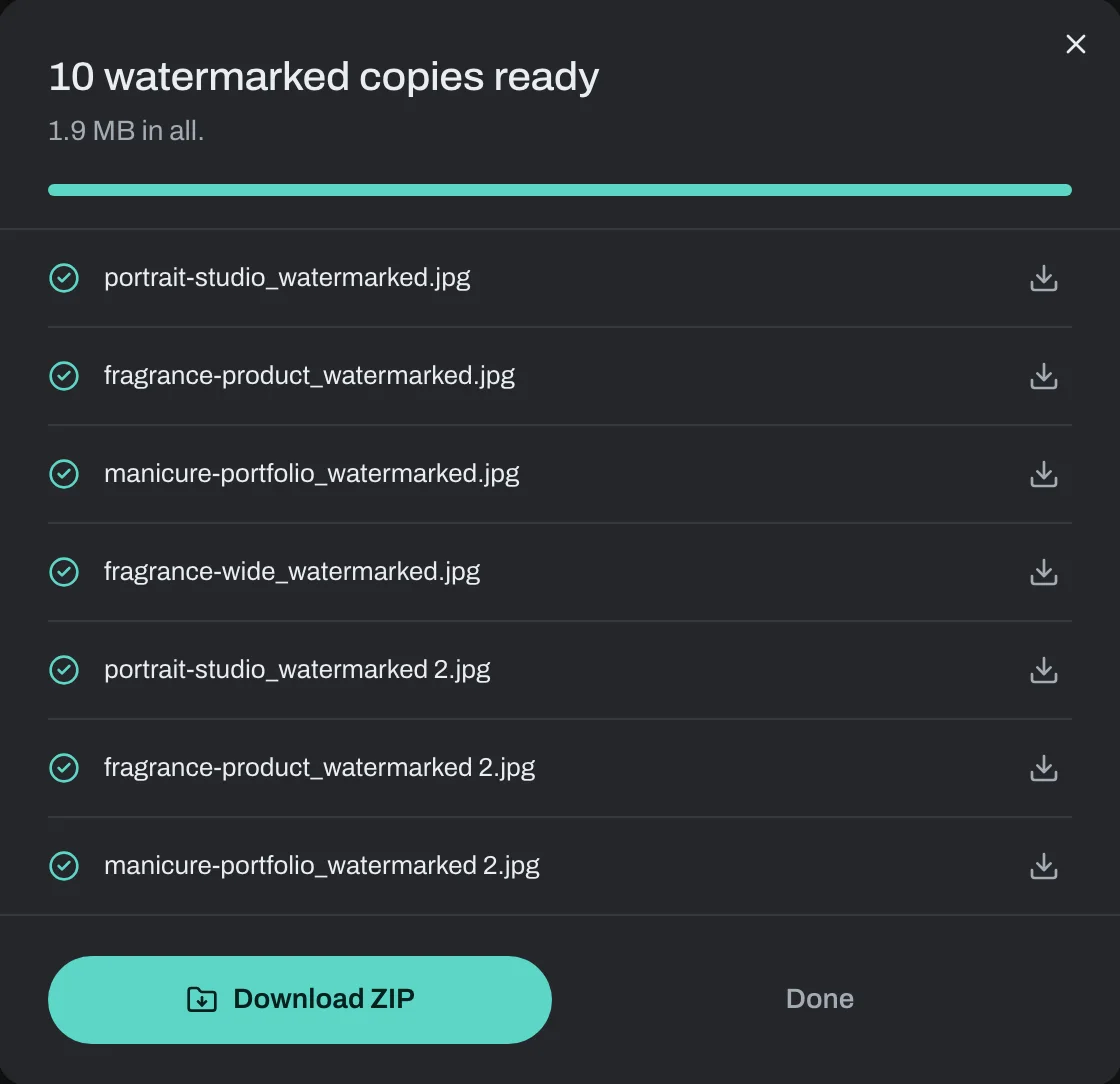書き出しが完了した写真の一覧と「Download ZIP」ボタンが表示された書き出し画面