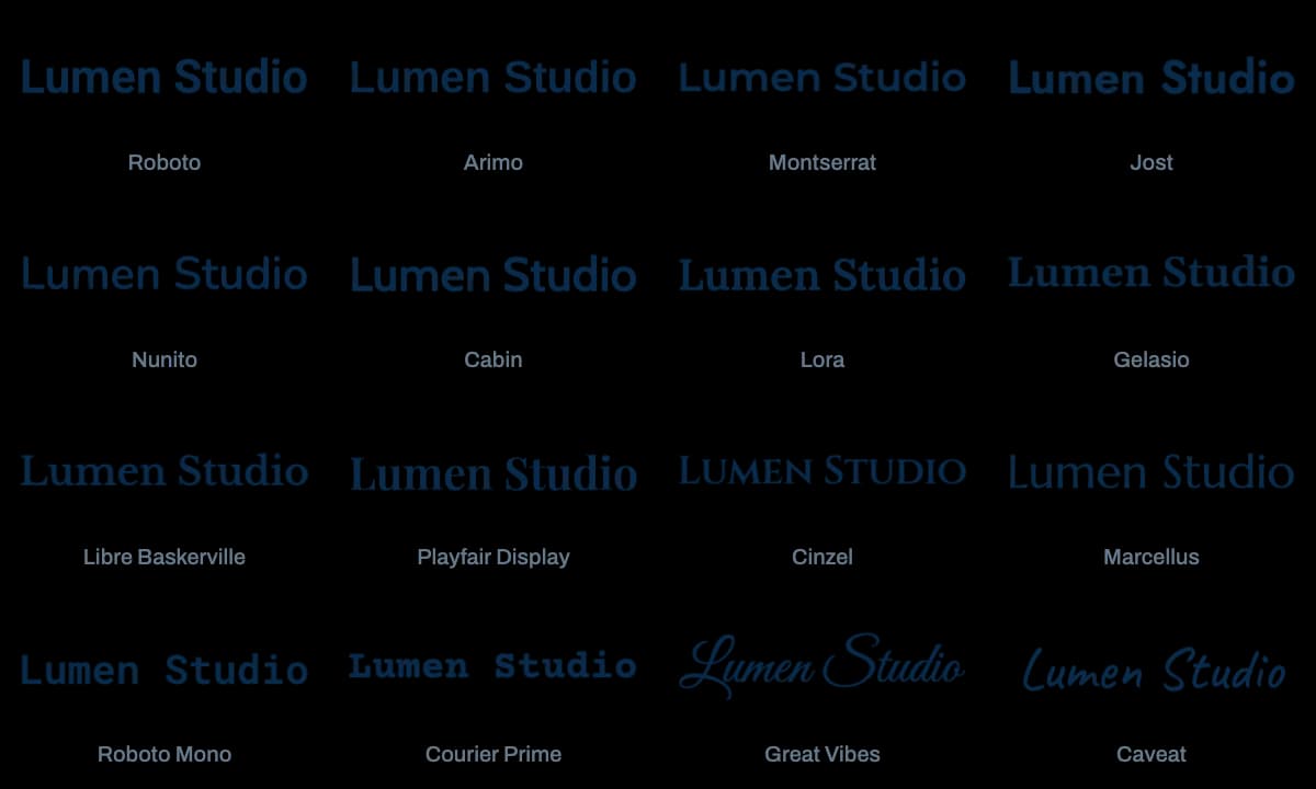 The words Lumen Studio set in each of the 16 typefaces: Roboto, Arimo, Montserrat, Jost, Nunito, Cabin, Lora, Gelasio, Libre Baskerville, Playfair Display, Cinzel, Marcellus, Roboto Mono, Courier Prime, Great Vibes, Caveat